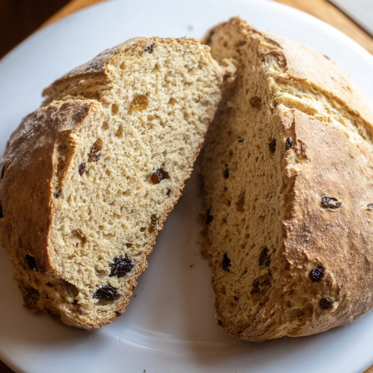 Freshly baked Whole Wheat Irish Soda Bread with Currants on a rustic wooden board, showing its golden crust and speckled interior.