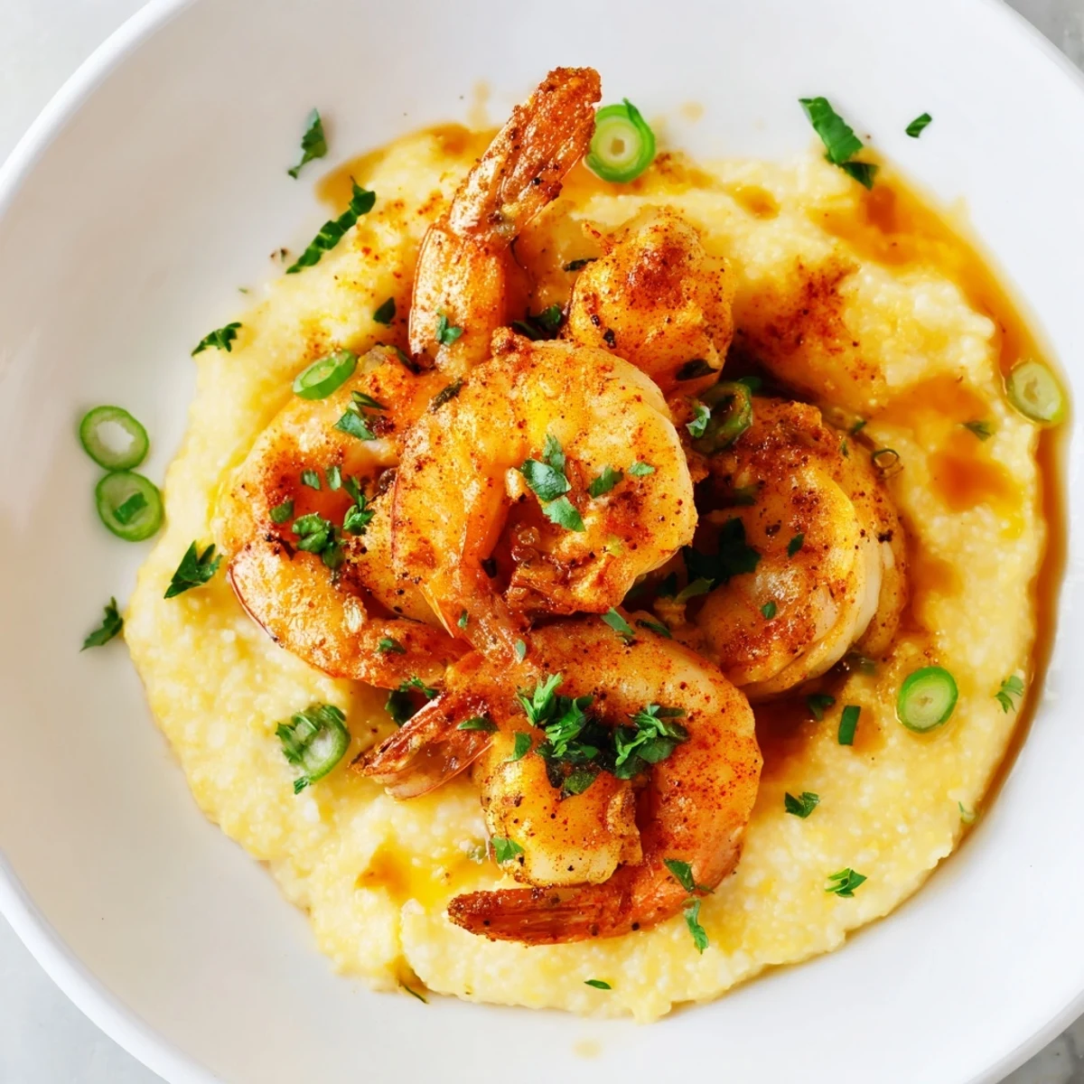 Creamy cheddar grits topped with Cajun Spiced Shrimp and Grits, garnished with fresh parsley.