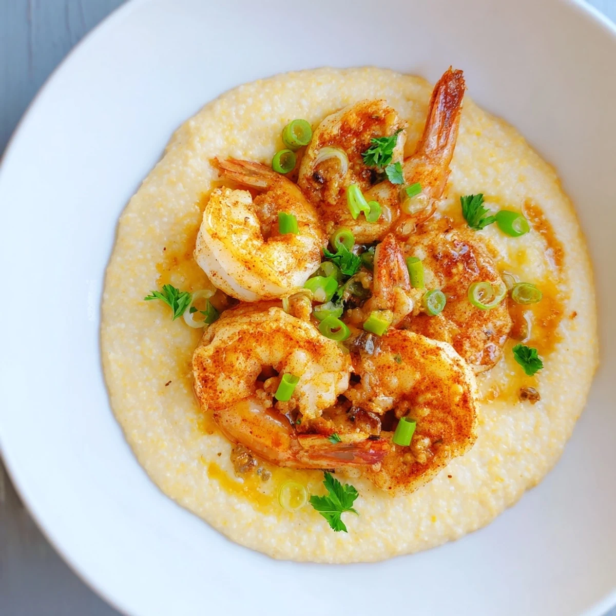 A hearty bowl of Cajun Spiced Shrimp and Grits with savory spices and melted cheese.