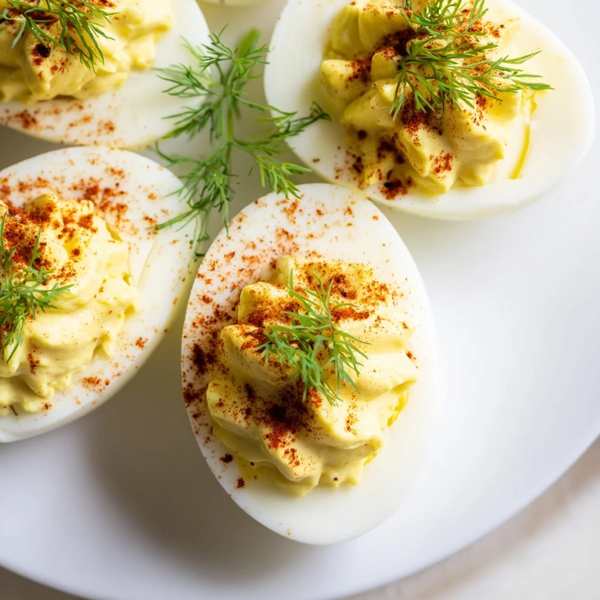 Golden egg white halves filled with creamy yolk mixture, topped with fresh dill and a sprinkle of smoked paprika in this classic deviled eggs recipe.