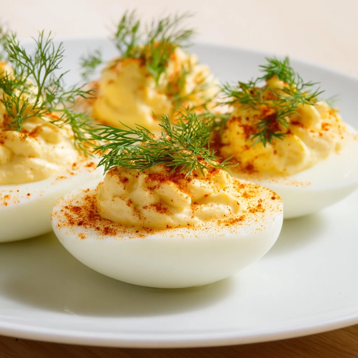 Chilled deviled eggs with fresh dill and smoked paprika arranged on a white platter, perfect for a party appetizer spread.