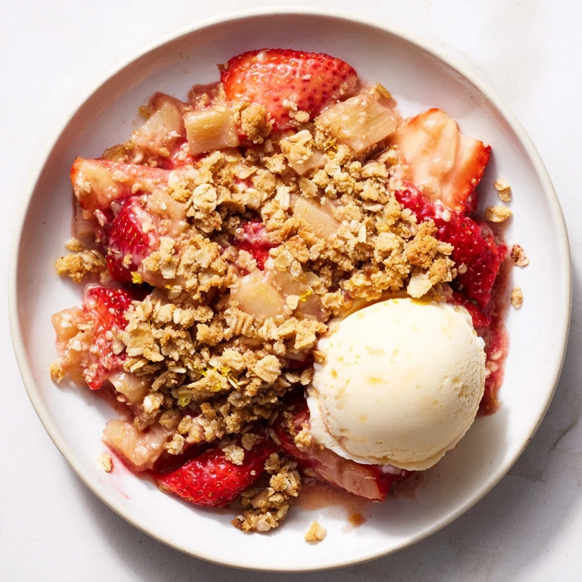 Classic Strawberry Rhubarb Crumble with oats, served warm with vanilla ice cream.