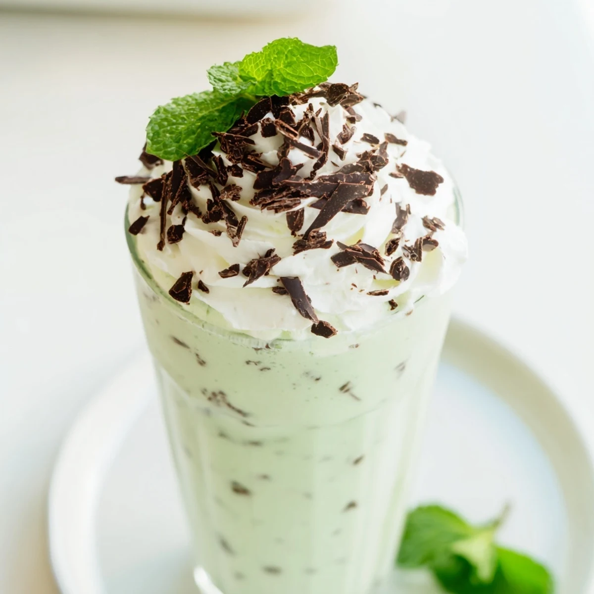Refreshing Mint Chocolate Chip Milkshake topped with fluffy whipped cream and extra chocolate chips for serving.
