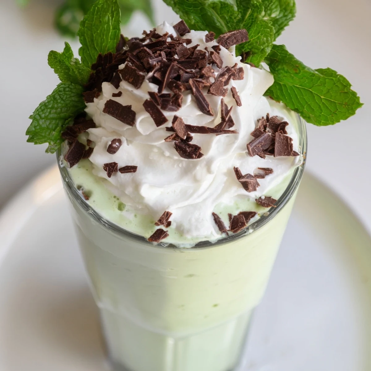 Thick, creamy Mint Chocolate Chip Milkshake in a chilled glass garnished with fresh mint leaves.
