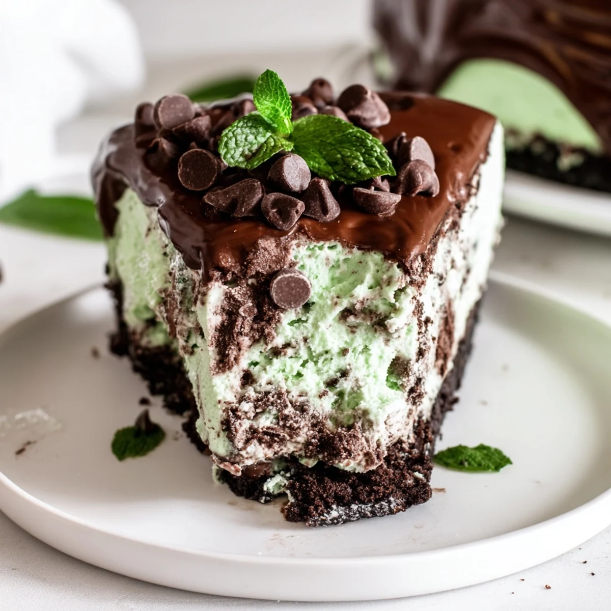 A slice of mint chocolate chip ice cream cake reveals a crunchy chocolate cookie crust and creamy mint layers under glossy ganache.
