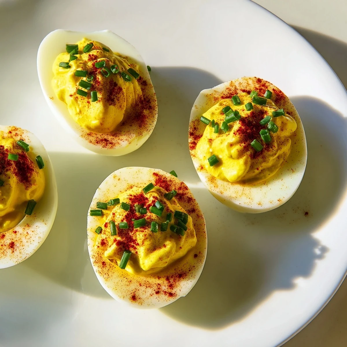 Golden yolk filling and fresh green chives garnish these classic Deviled Eggs with Chives and Smoked Paprika.