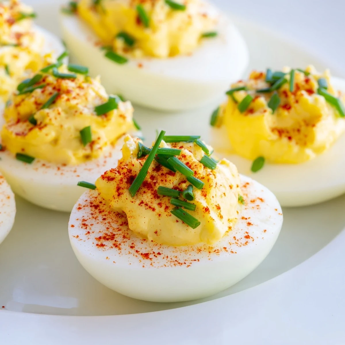 A platter of creamy Deviled Eggs with Chives and Smoked Paprika dusted with paprika for a smoky kick.