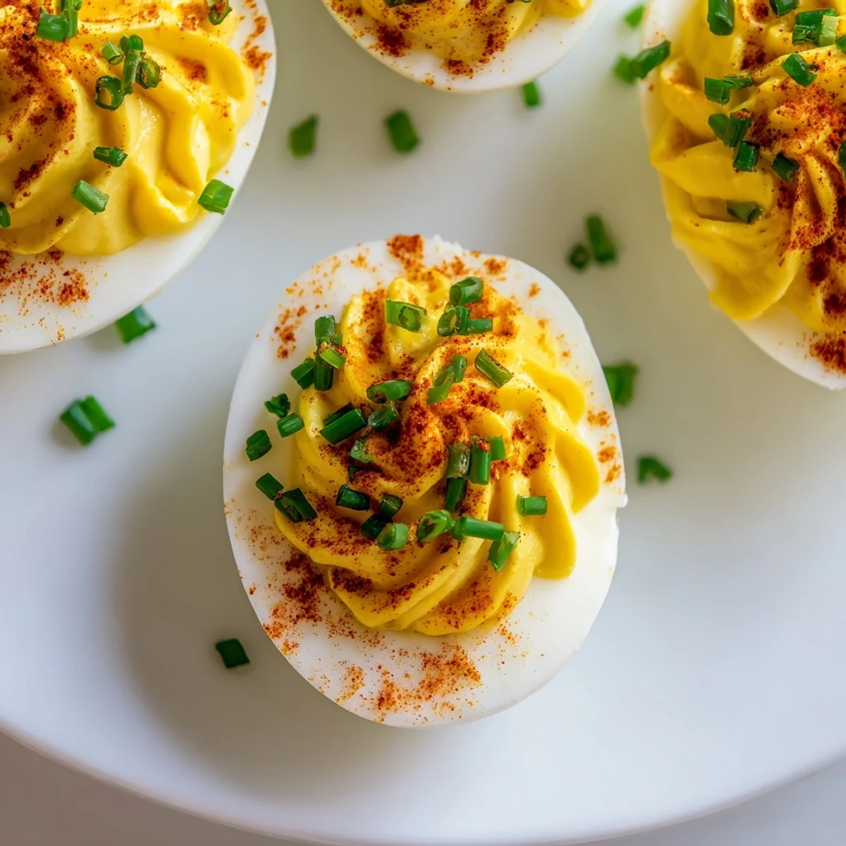 Close-up of halved Deviled Eggs with Chives and Smoked Paprika topped with chives on a rustic serving plate.
