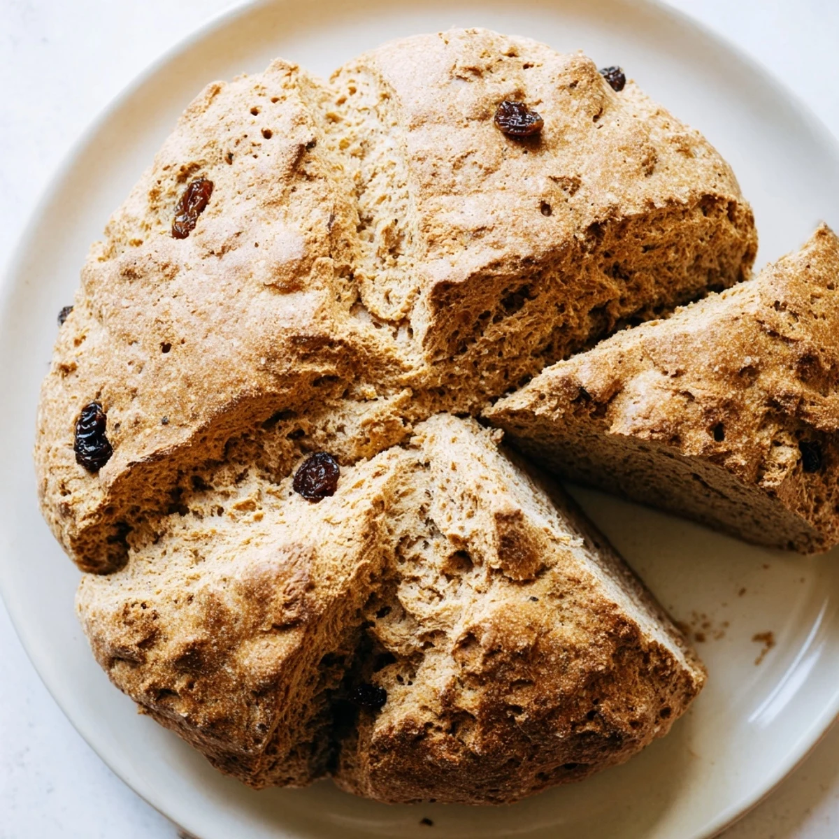 Close up view of a sliced Whole Wheat Irish Soda Bread with Raisins showing tender crumb.