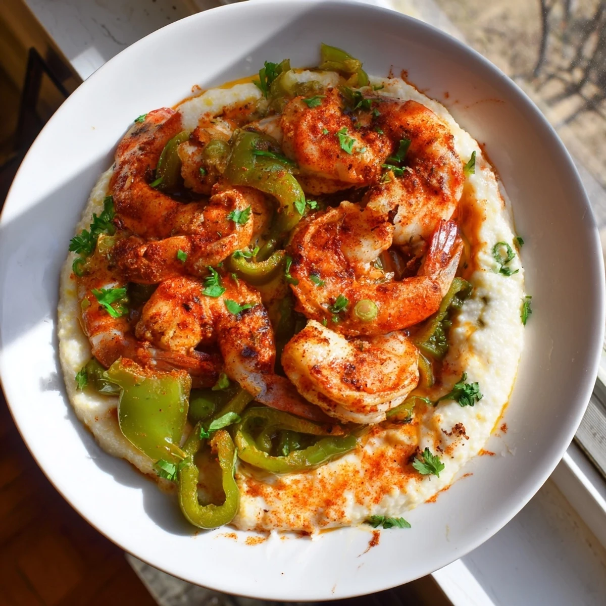 Cajun Shrimp and Grits with Sharp Cheddar served garnished with parsley in a rustic Southern-style bowl.  