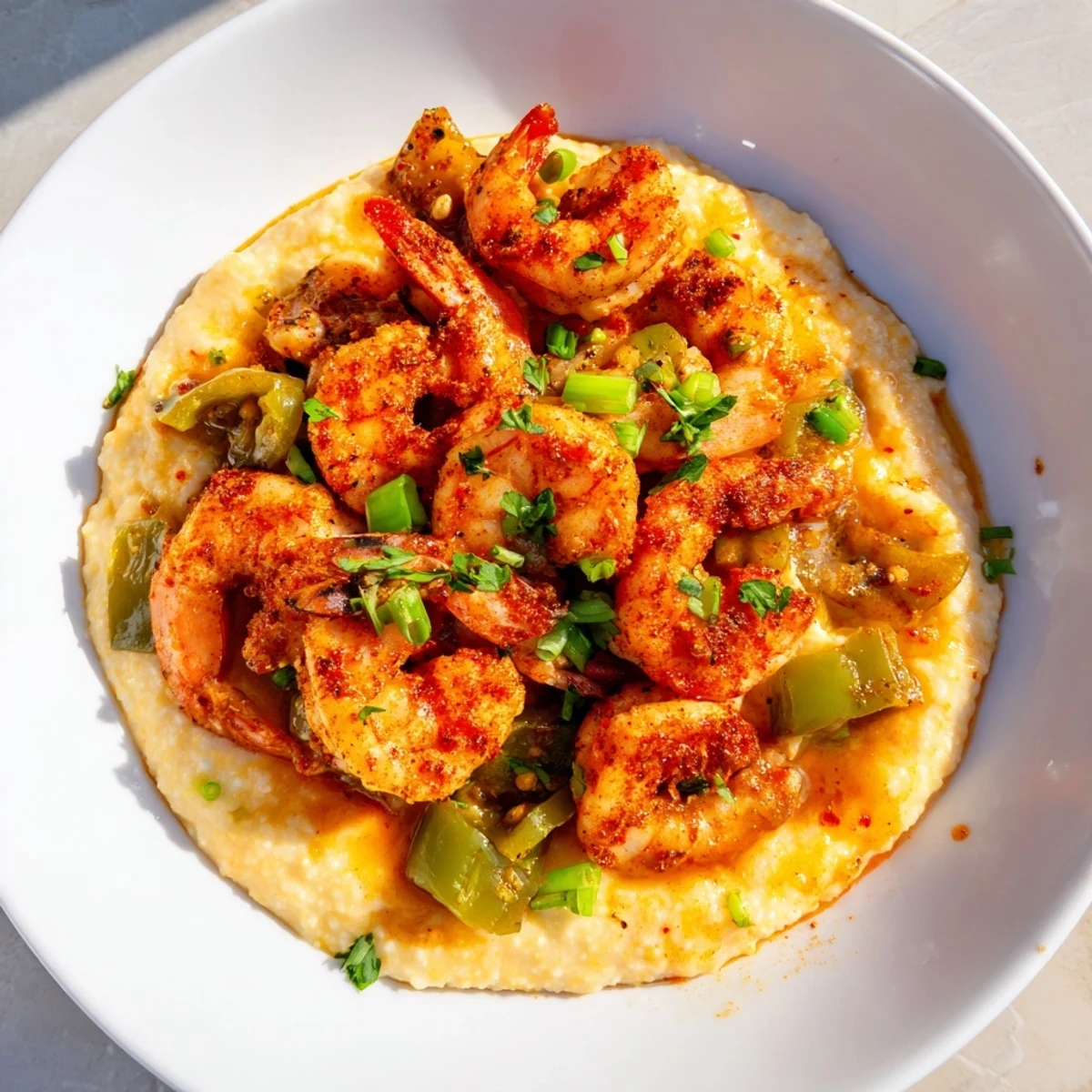 Steaming bowl of creamy Cajun Shrimp and Grits with Sharp Cheddar topped with colorful peppers and onions.  