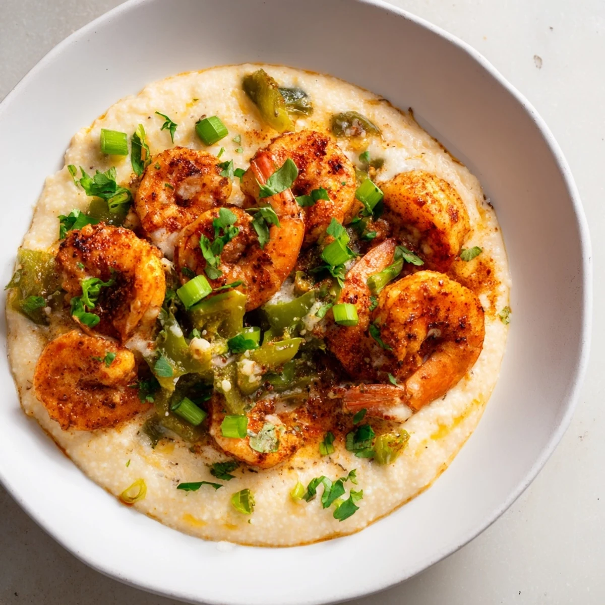 Sizzling skillet of Cajun Shrimp and Grits with Sharp Cheddar featuring plump shrimp over cheesy grits.