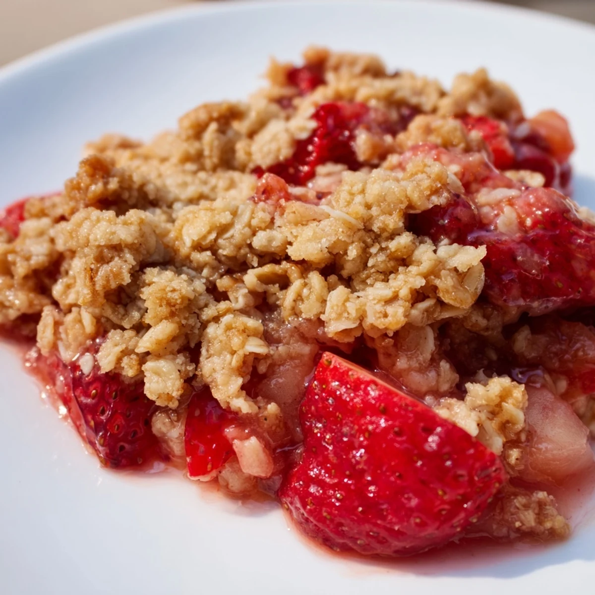 Bubbling Strawberry Rhubarb Crisp with Oat Crumble fresh from the oven, ready to serve.