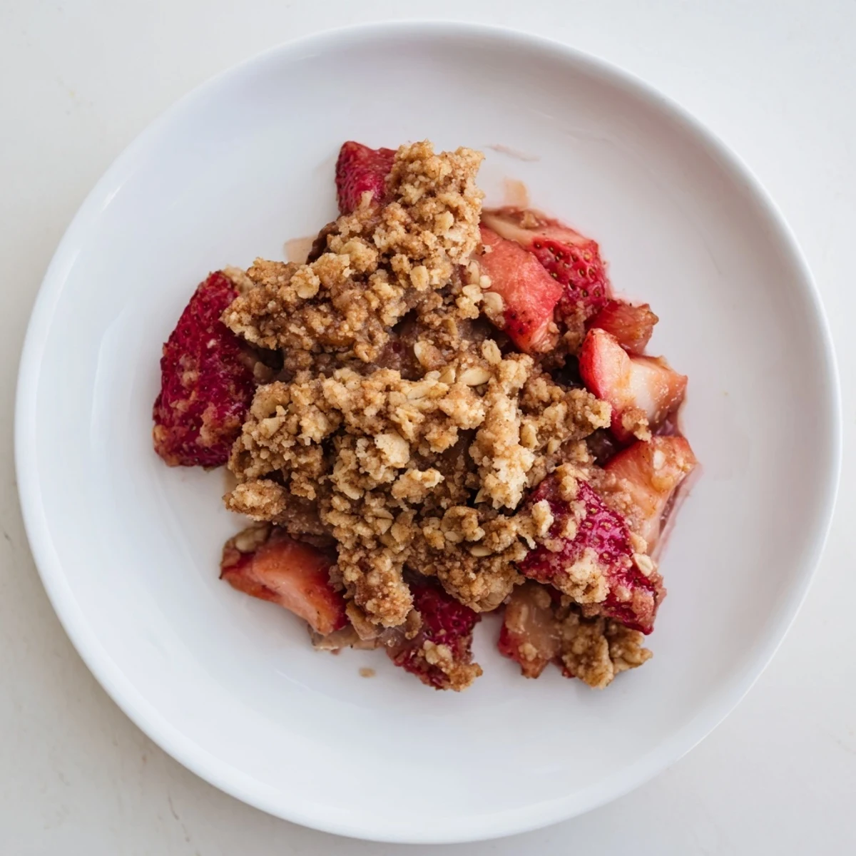 Golden baked Strawberry Rhubarb Crisp with oat crumble, showing juicy red fruit filling.