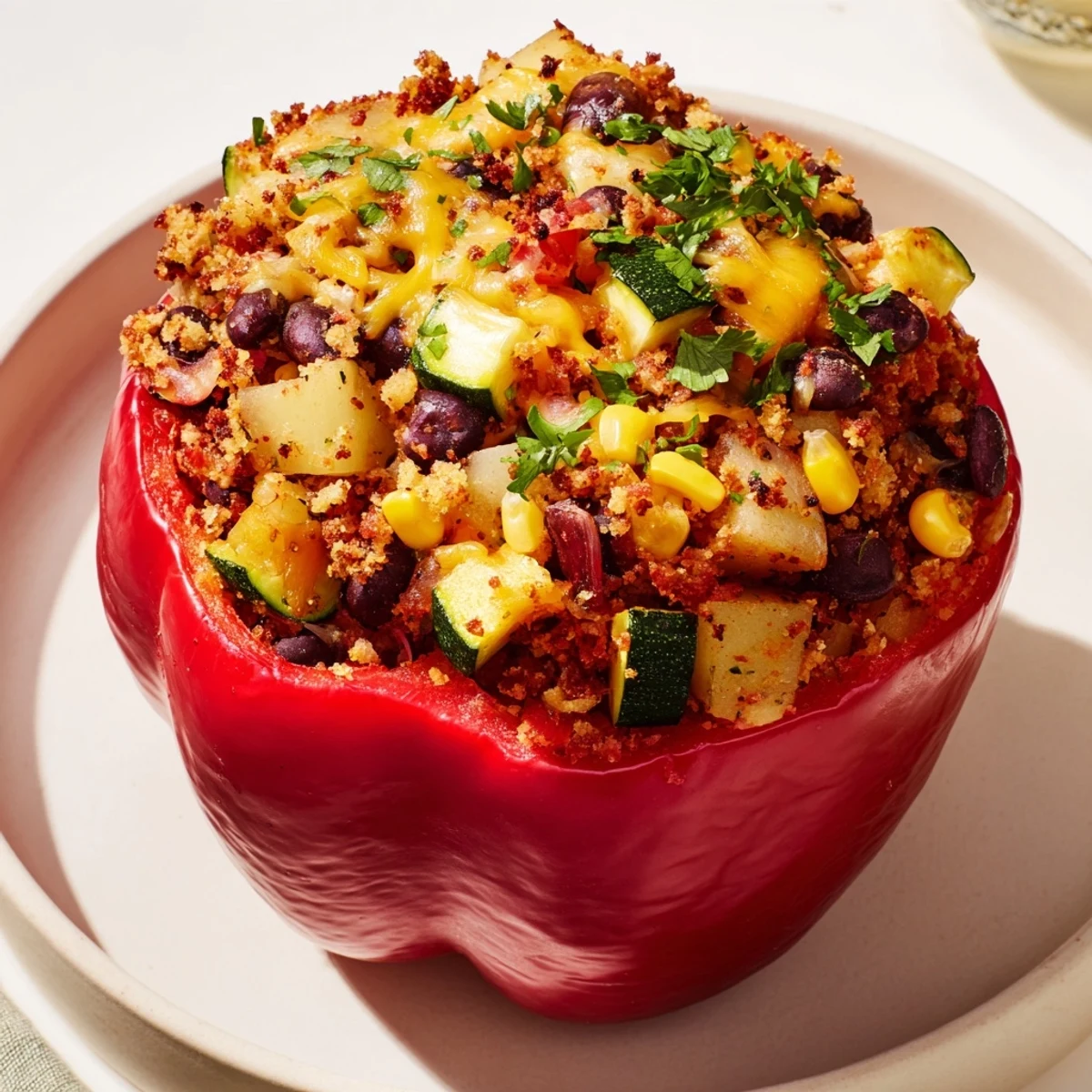 Freshly baked Cajun Potato Stuffed Bell Peppers filled with a colorful, hearty vegetable mixture, served hot and steaming on a plate.
