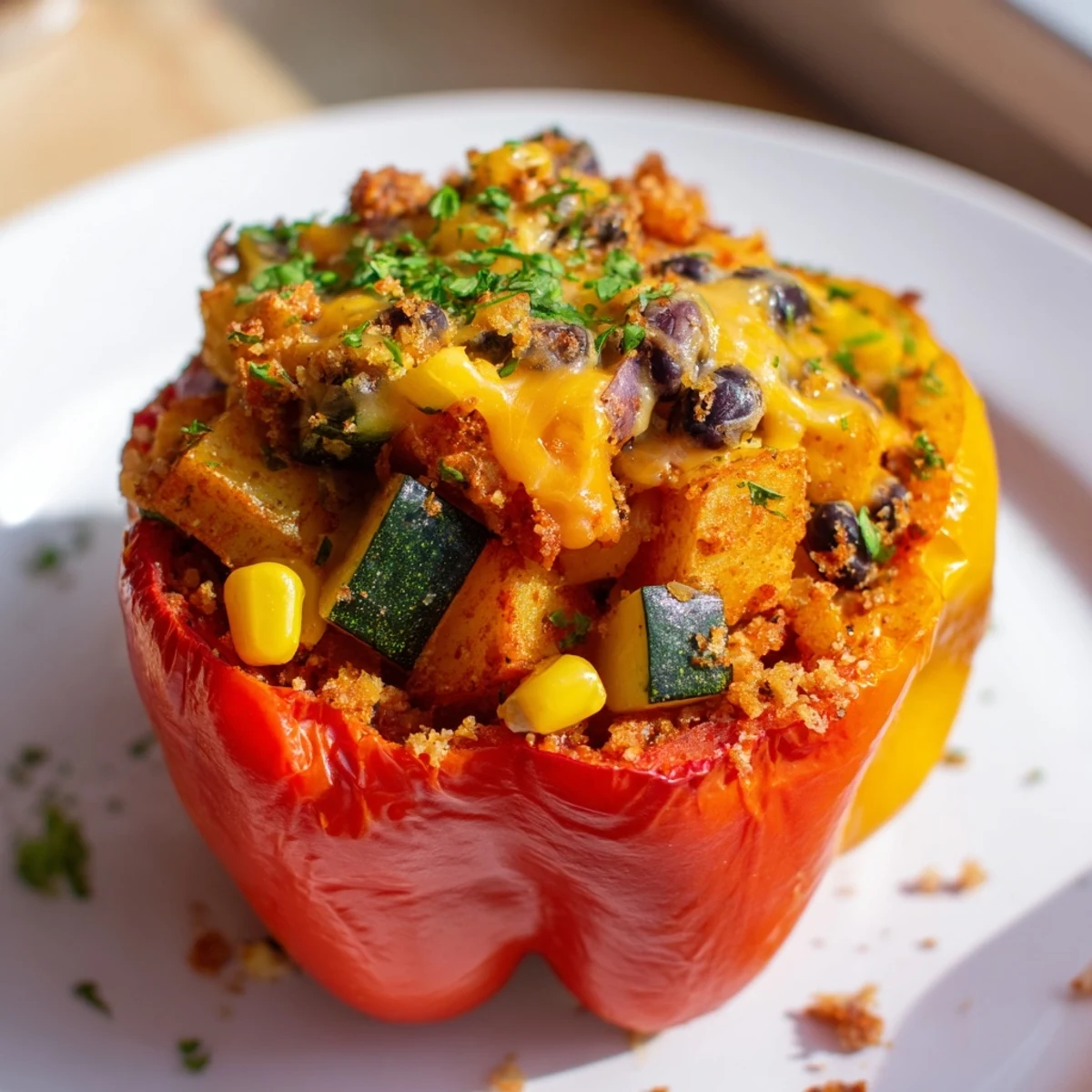 Golden-brown Cajun Potato Stuffed Bell Peppers rest on a rustic wooden table, showcasing a savory potato and black bean filling.