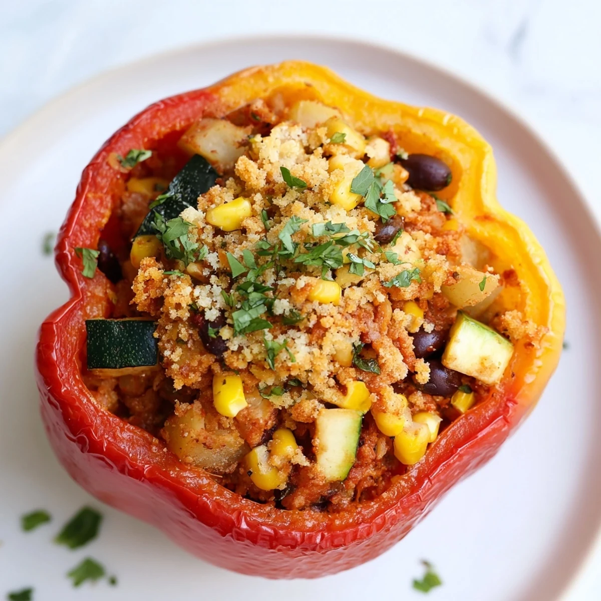 A close-up view of Cajun Potato Stuffed Bell Peppers with melted cheese topping, ready to serve as a vibrant vegetarian main dish.
