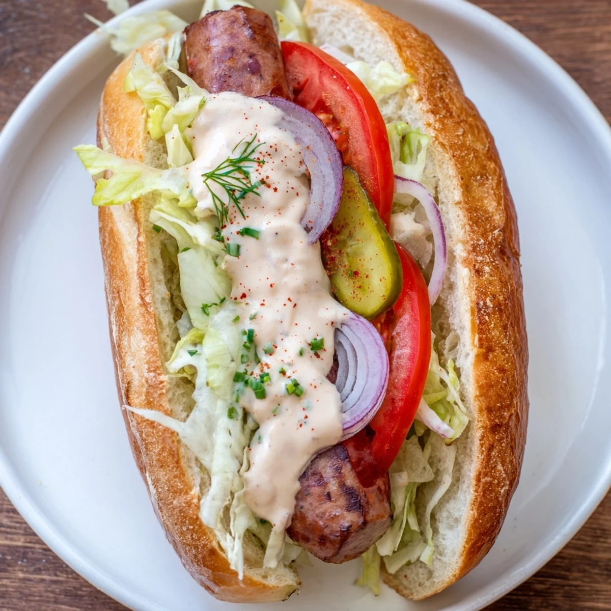 Grilled Cajun Beef Sausage Po Boy Sandwiches are stacked with crisp lettuce, ripe tomatoes, and pickles on a toasted baguette.