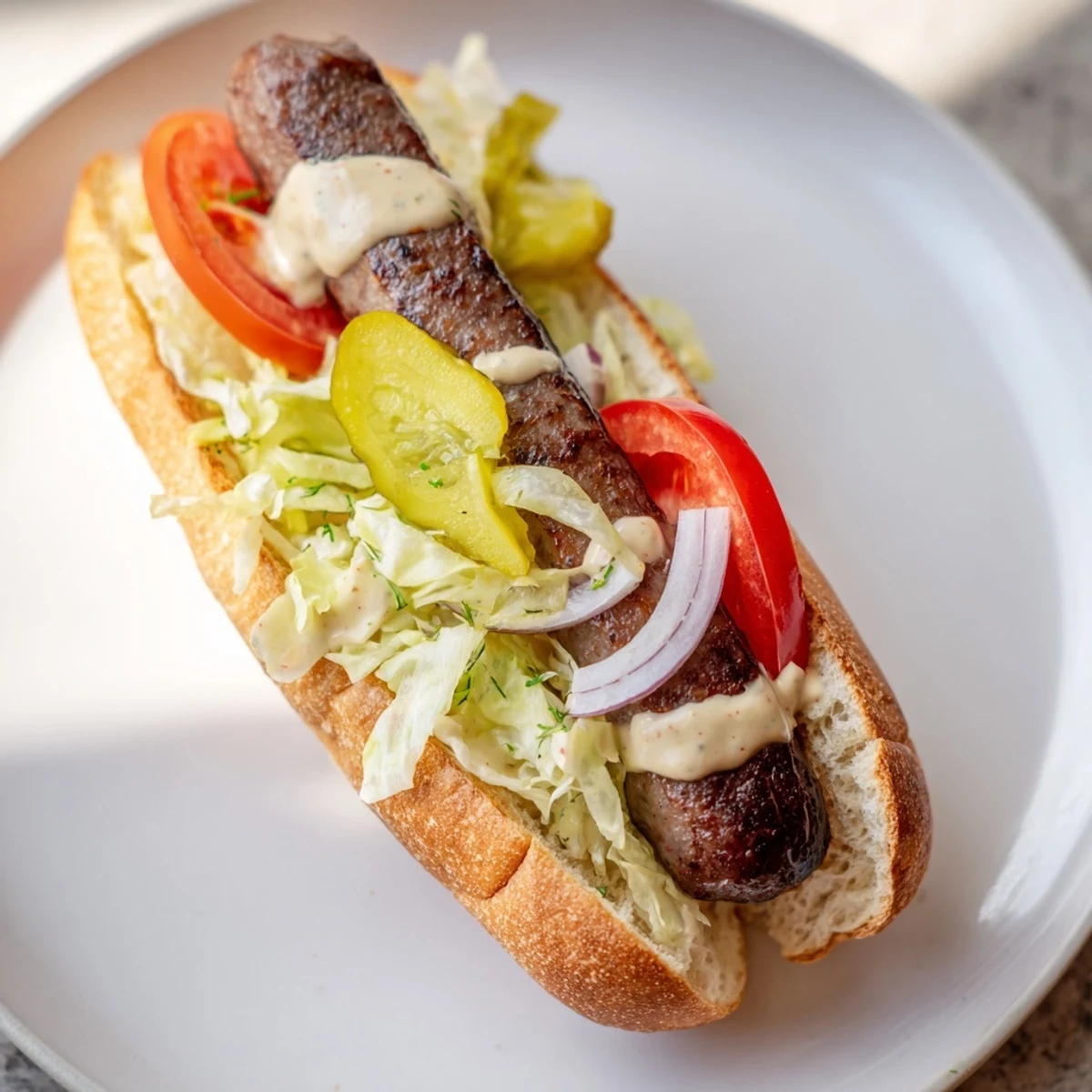 A close-up of Grilled Cajun Beef Sausage Po Boy Sandwiches reveals juicy sausages and creamy Creole remoulade.
