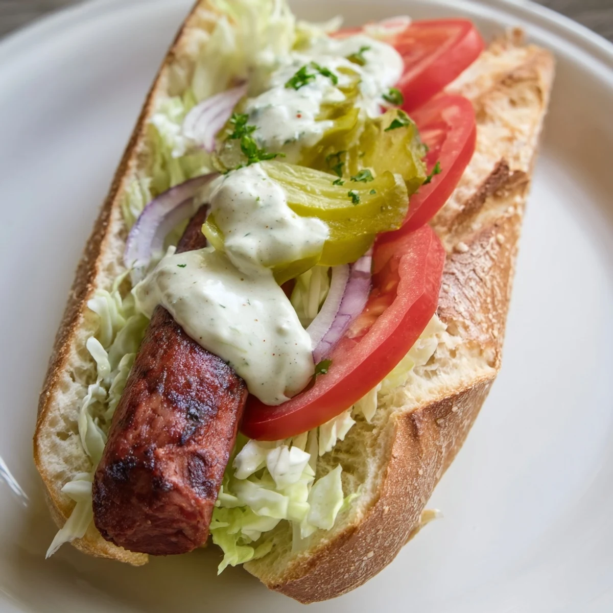 Close-up of a Grilled Cajun Beef Sausage Po Boy Sandwich showing crusty bread and fresh vegetables.