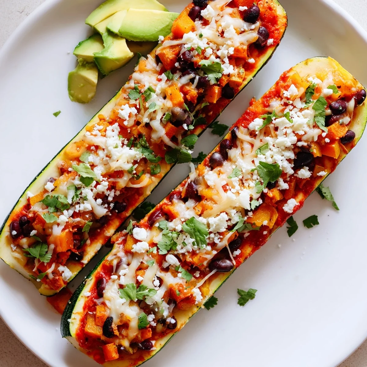 Golden roasted zucchini boats stuffed with Black Bean and Butternut Squash Enchilada filling, topped with melty cheese and fresh cilantro.