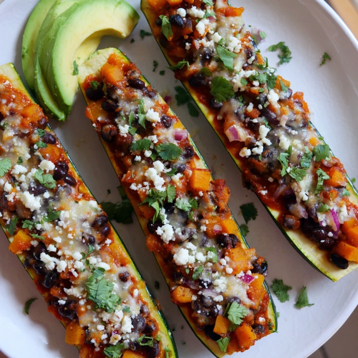 Steaming Black Bean and Butternut Squash Enchilada Boats served with sliced avocado and lime wedges on a rustic wooden table.