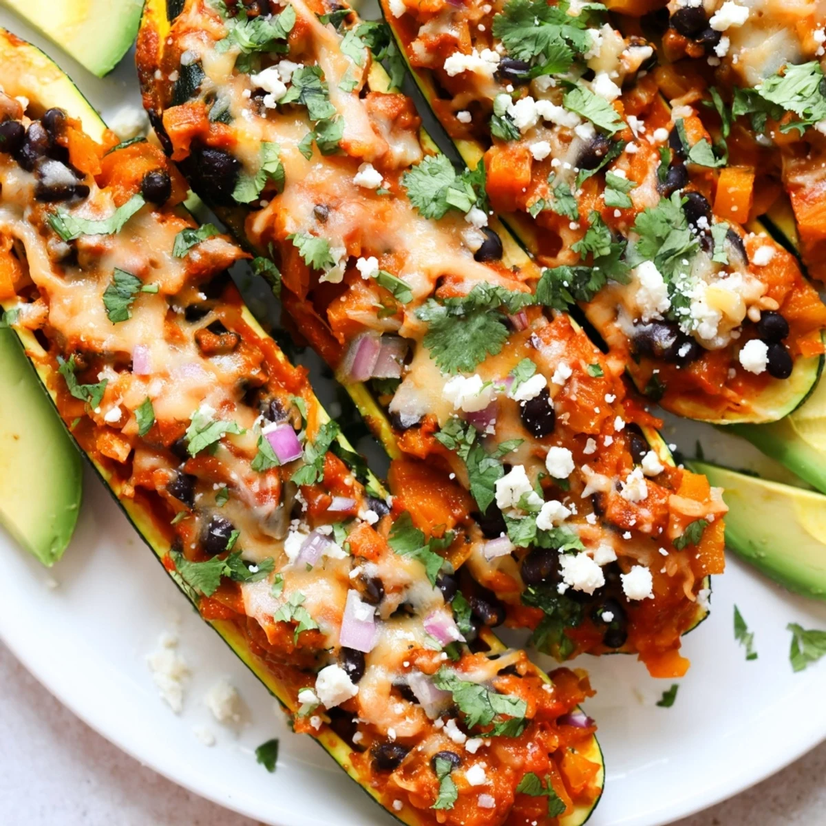 Close-up of vibrant Black Bean and Butternut Squash Enchilada Boats, drizzled with red sauce and melted cheese, garnished with cilantro.