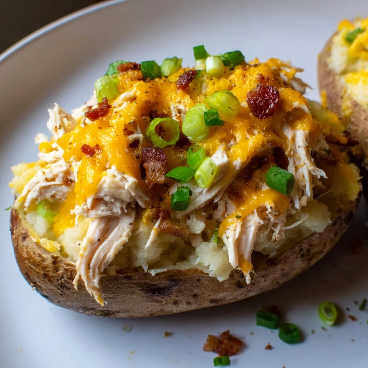 Rustic overhead shot of hearty stuffed potatoes served alongside a crisp green salad.