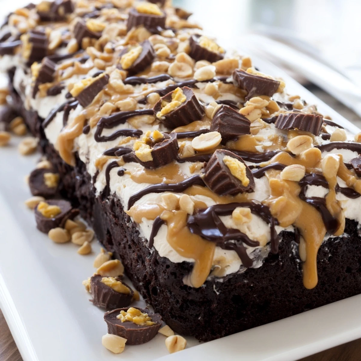 Moist chocolate cake with creamy peanut butter pudding filling and whipped cream topping.