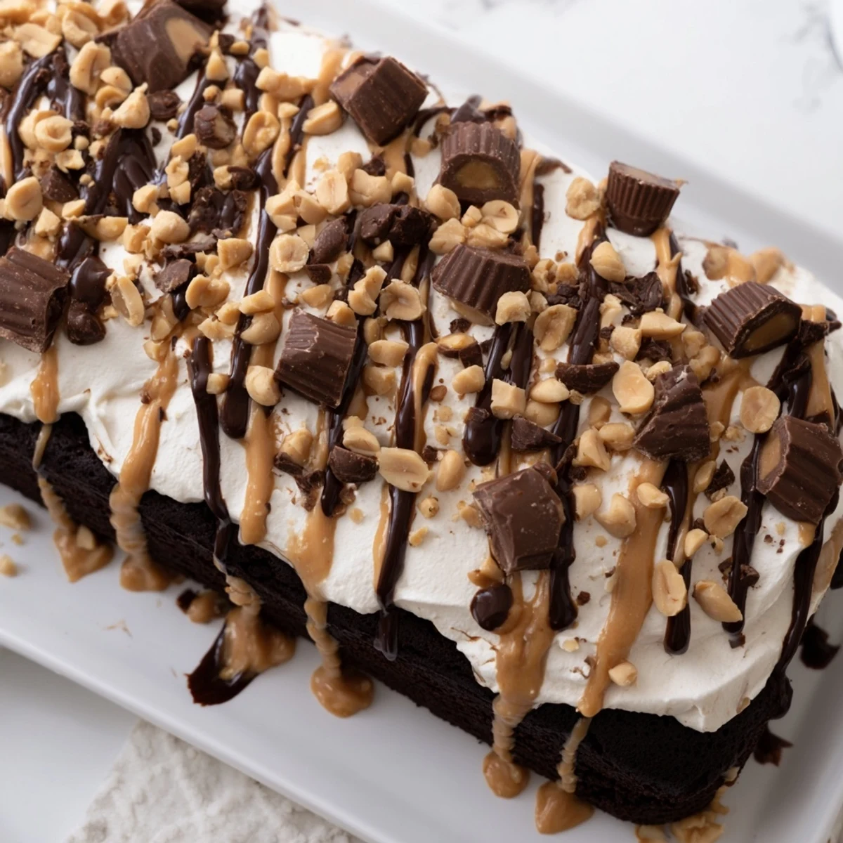 Warm chocolate-peanut butter drizzle over the Chocolate Peanut Butter Poke Cake on a serving table.