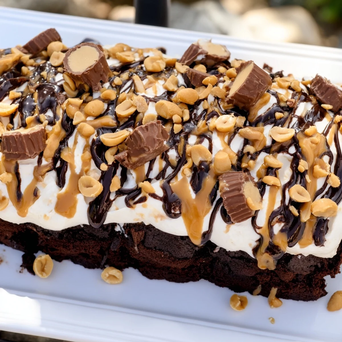 Rich Chocolate Peanut Butter Poke Cake garnished with chopped peanuts and mini peanut butter cups.