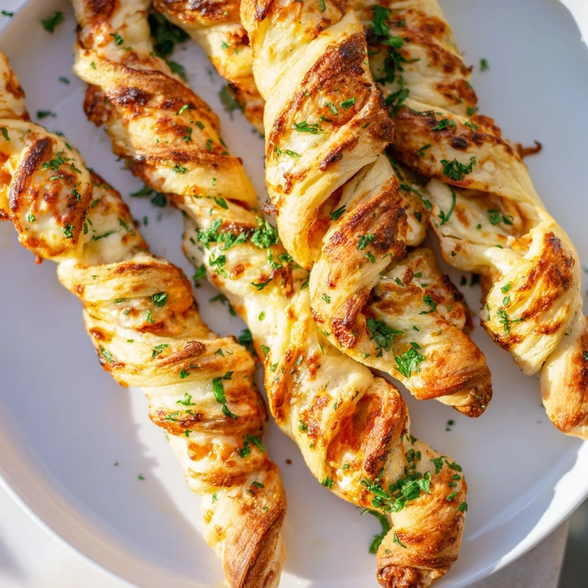 Twisted golden-brown Crispy Air Fryer Pizza Cheese Bread Twists garnished with fresh parsley and herbs.