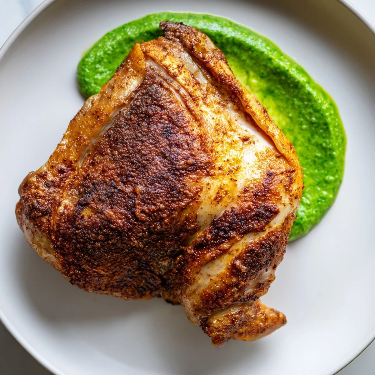 Juicy sliced Peruvian Roast Chicken with Creamy Green Sauce drizzled over the top, served alongside roasted potatoes and salad.