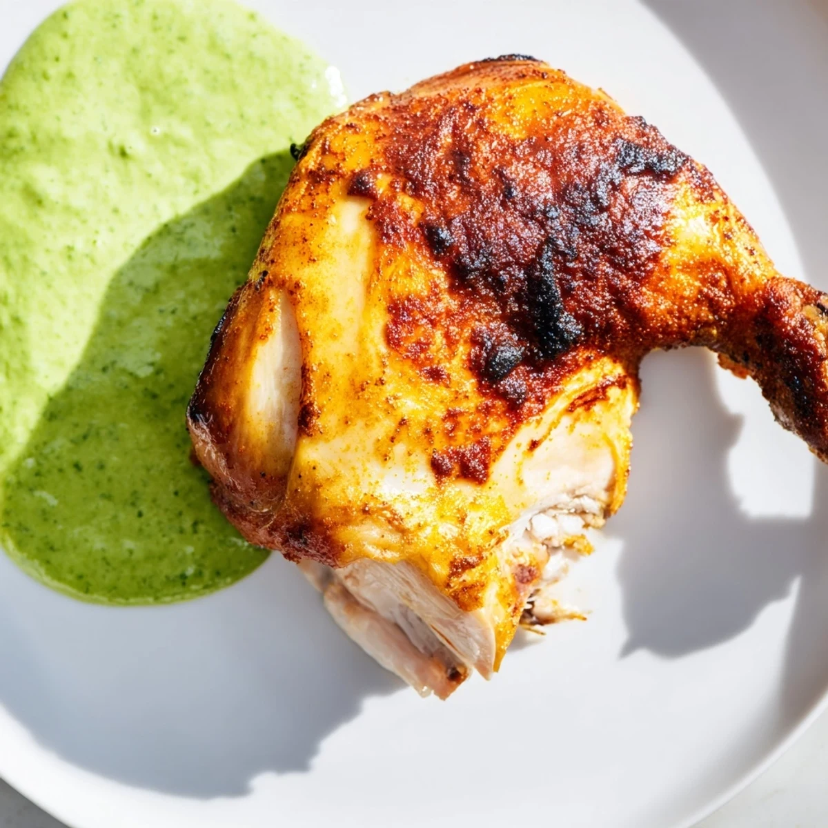 Golden-brown Peruvian Roast Chicken with Creamy Green Sauce resting on a wooden board, garnished with fresh lime wedges.