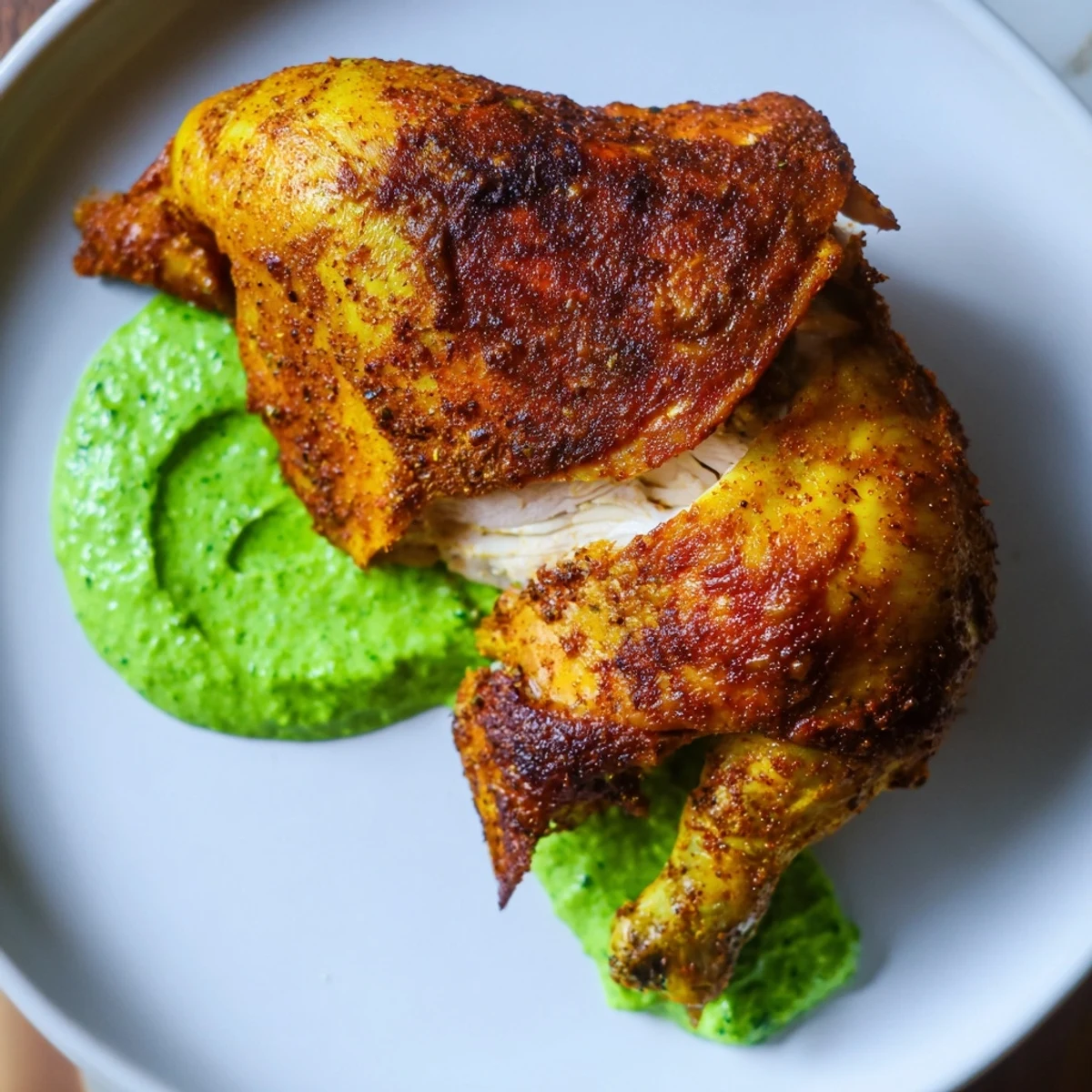 Close-up of carved Peruvian Roast Chicken with Creamy Green Sauce in a bowl, highlighting the vibrant herby texture.