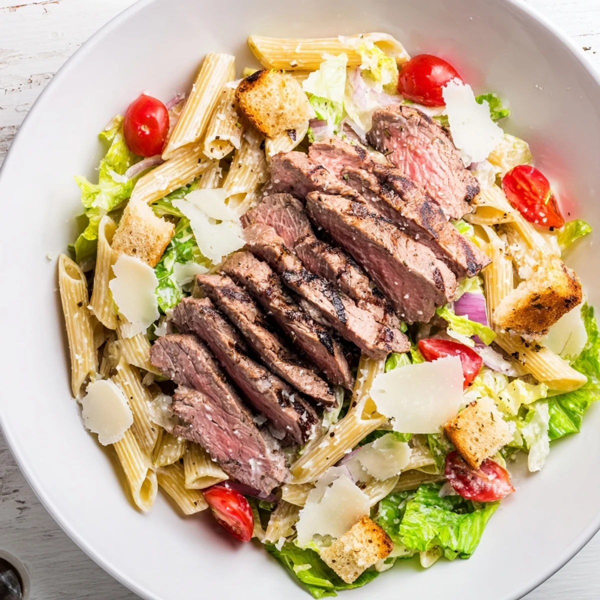 Flavorful Steak Caesar Pasta Salad with sliced grilled sirloin, crisp romaine, and crunchy croutons.