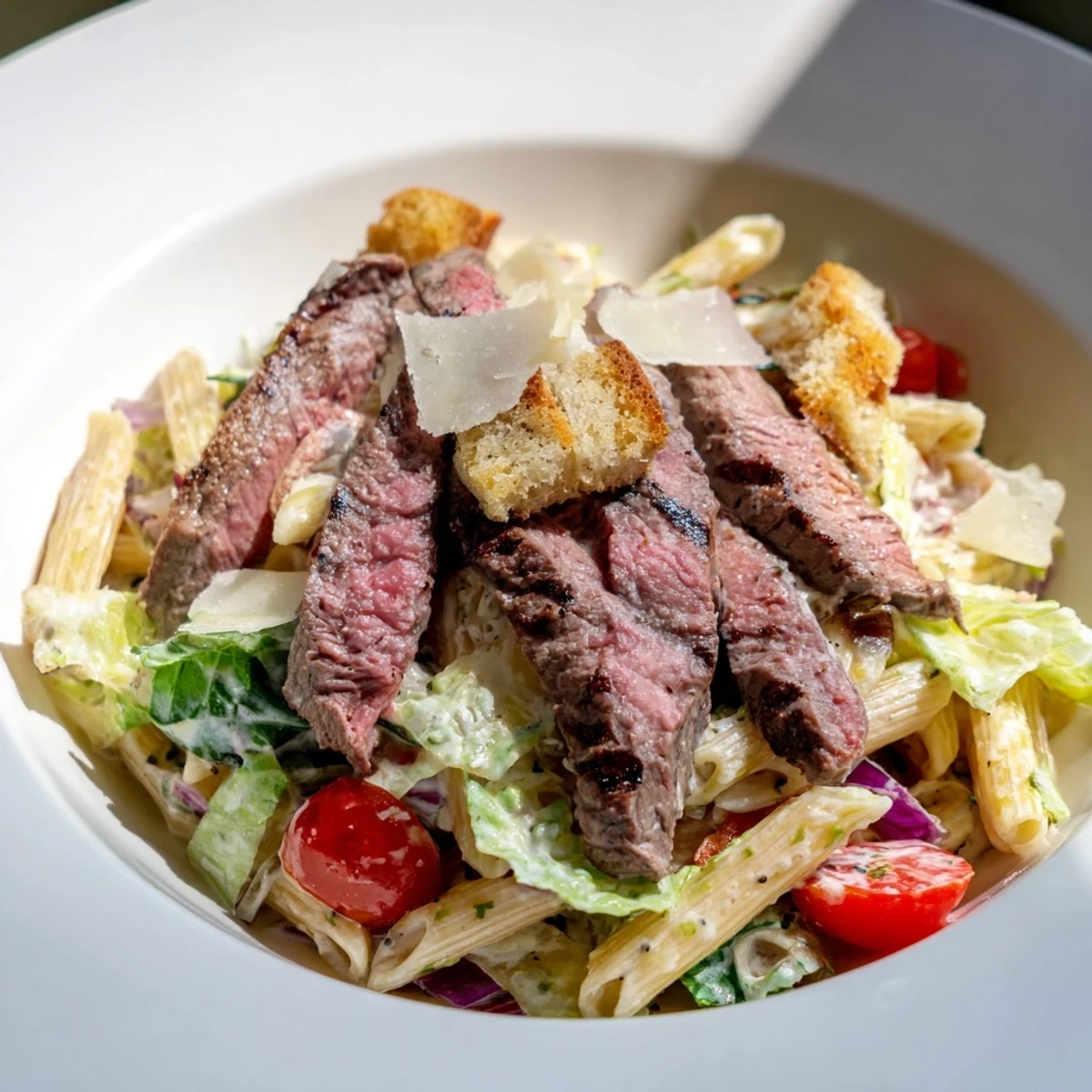 Freshly tossed Flavorful Steak Caesar Pasta Salad on a platter, topped with shaved Parmesan and tomatoes.