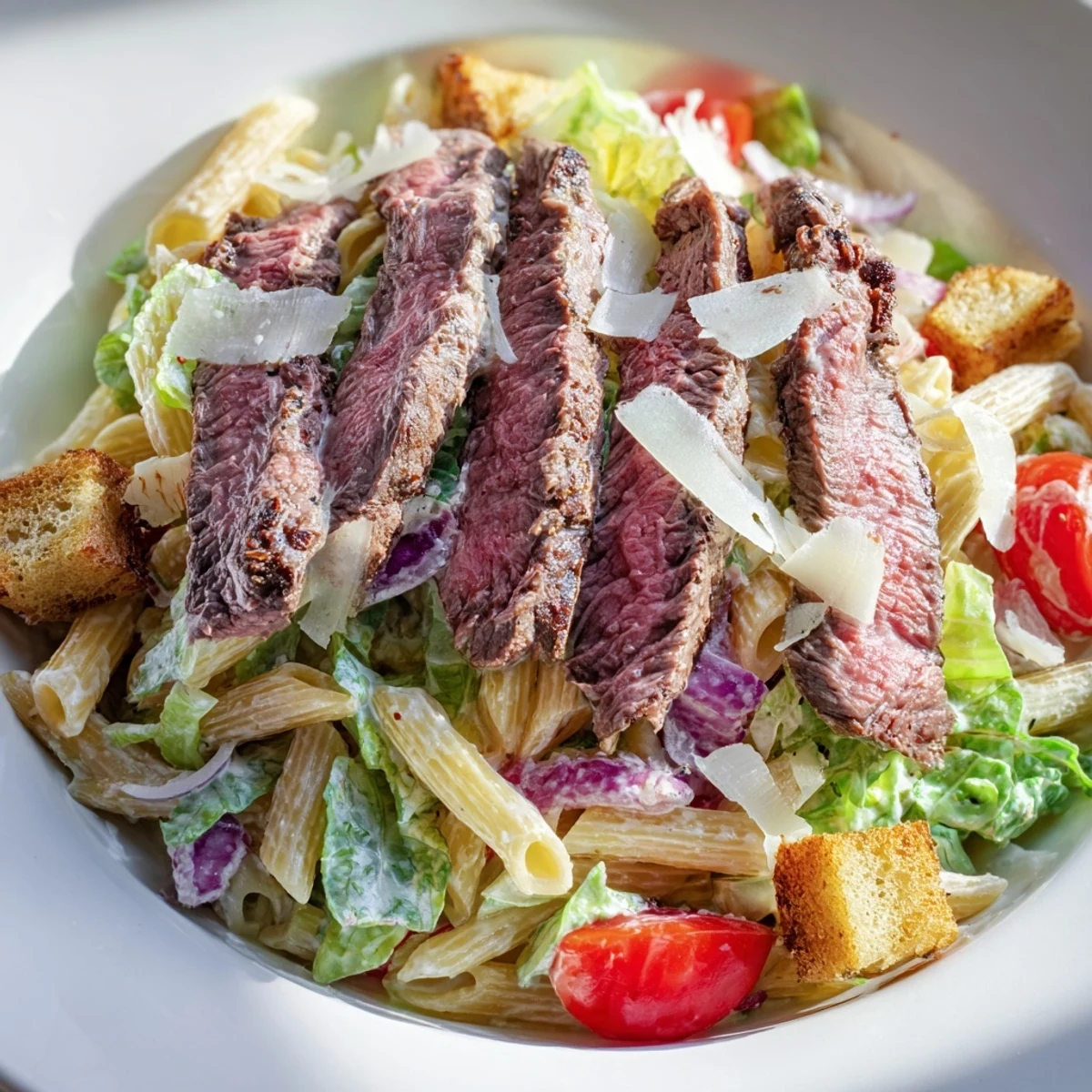 Warm Flavorful Steak Caesar Pasta Salad featuring juicy steak strips, al dente pasta, and creamy dressing.
