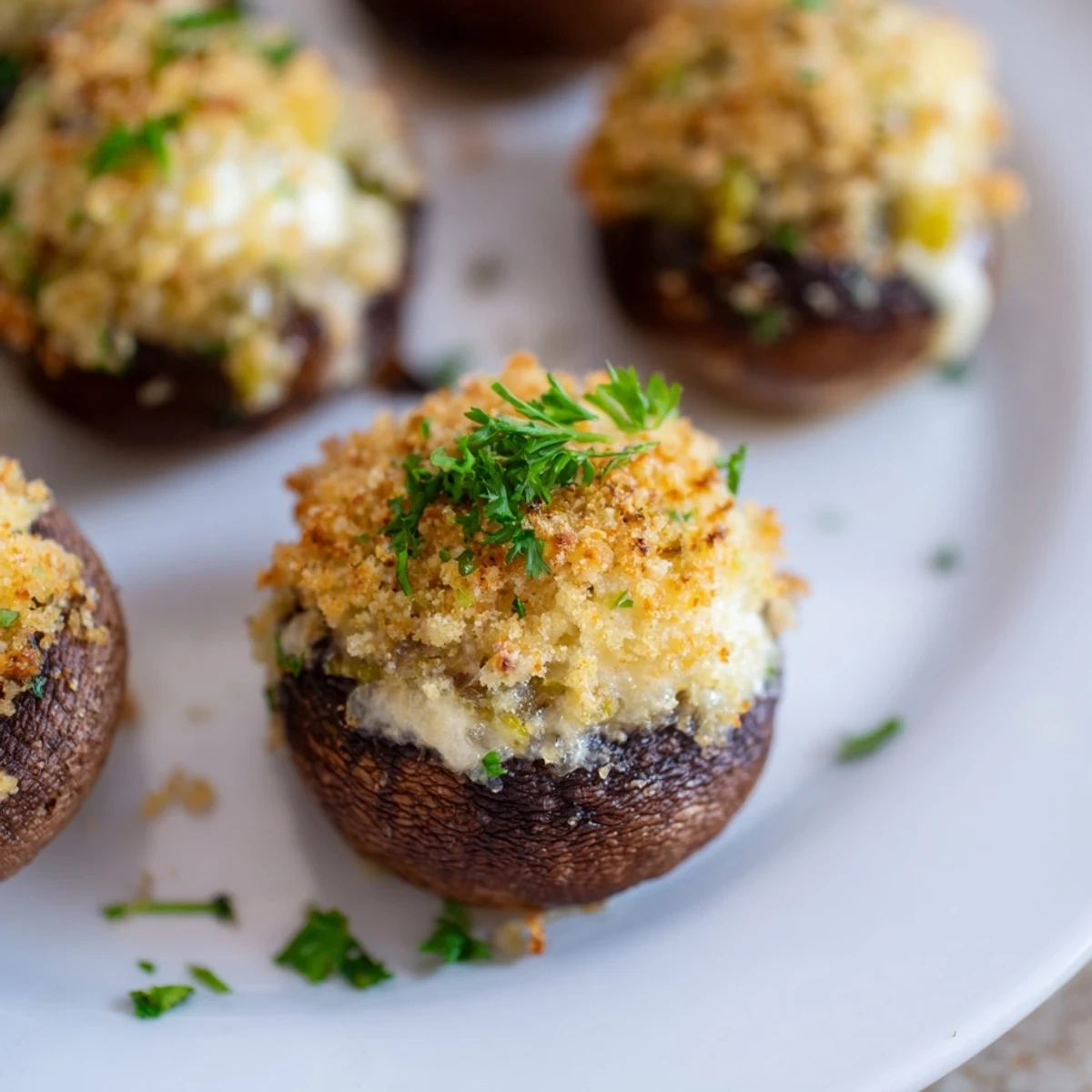 Golden Mozzarella Popper Stuffed Mushrooms topped with crunchy breadcrumbs and fresh parsley, served on a marble platter.