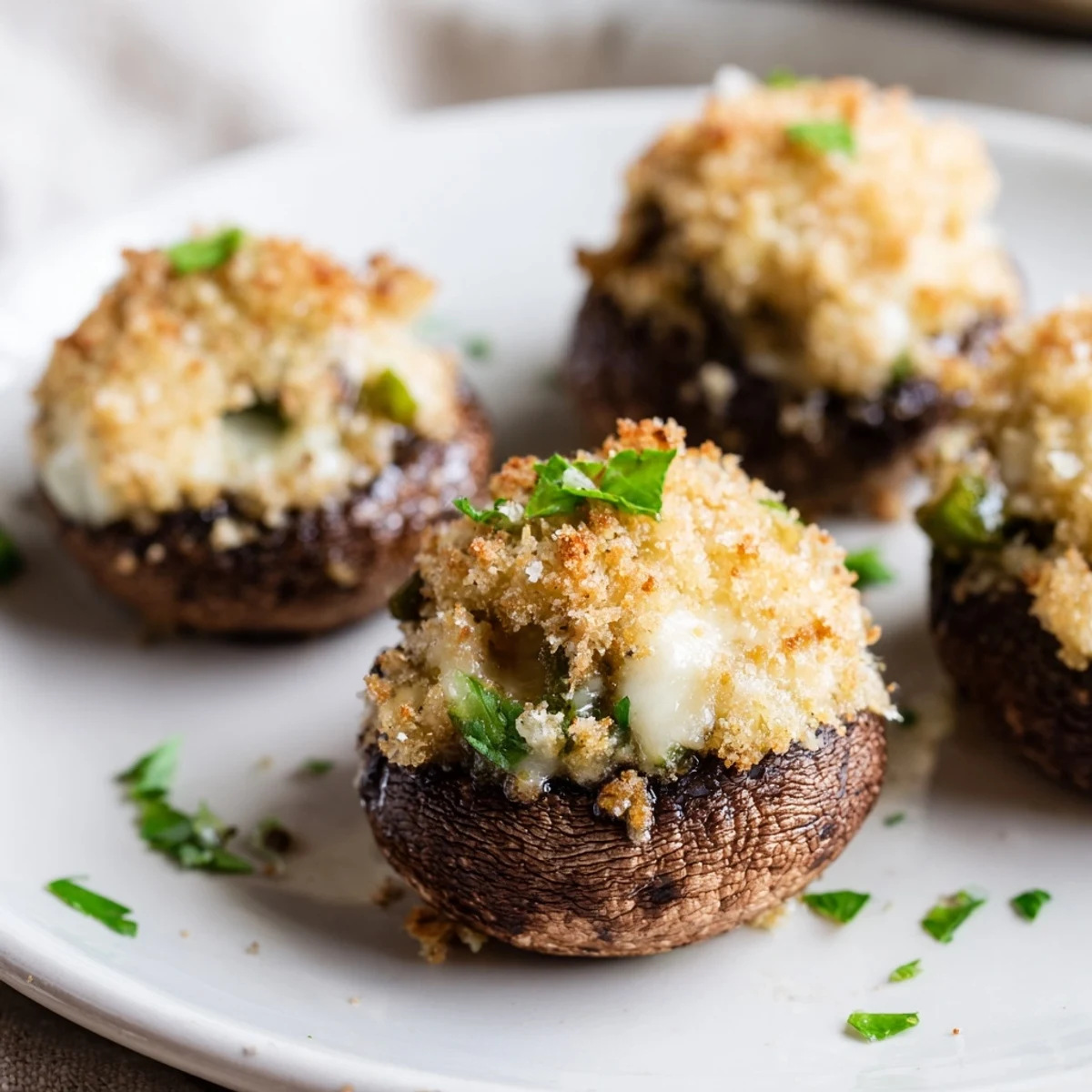 Golden-baked Mozzarella Popper Stuffed Mushrooms with melted cheddar and spicy jalapeños on a rustic wooden board.