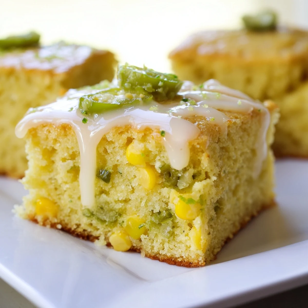 Golden-baked Spicy Sweet Jalapeño Cornbread with Zesty Lime Drizzle is sliced on a wooden board.