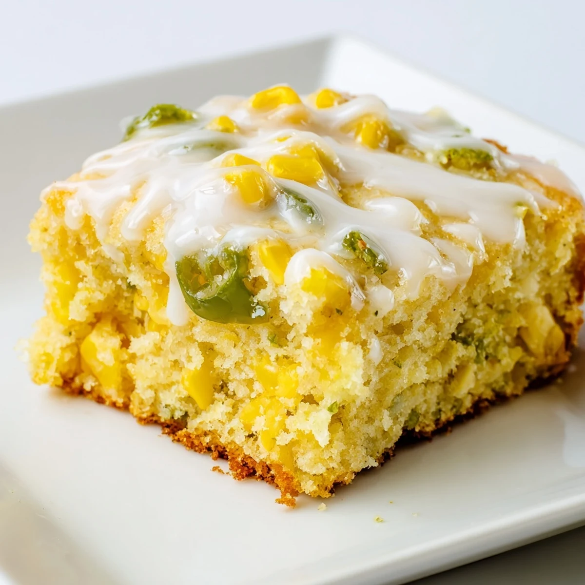 A square slice of Spicy Sweet Jalapeño Cornbread with Zesty Lime Drizzle is plated near fresh limes.