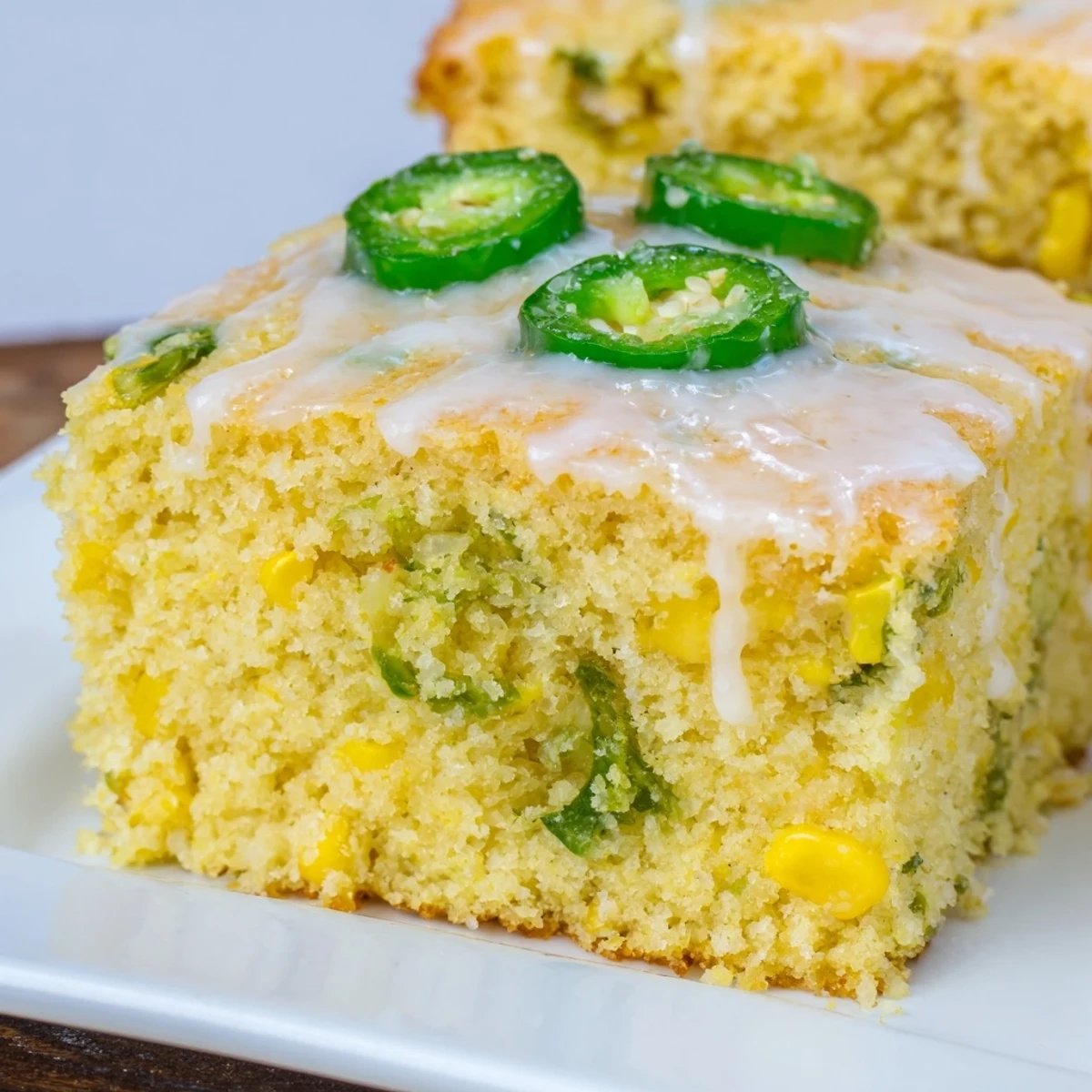 Moist Spicy Sweet Jalapeño Cornbread with Zesty Lime Drizzle shows corn kernels and jalapeños in the crumb.