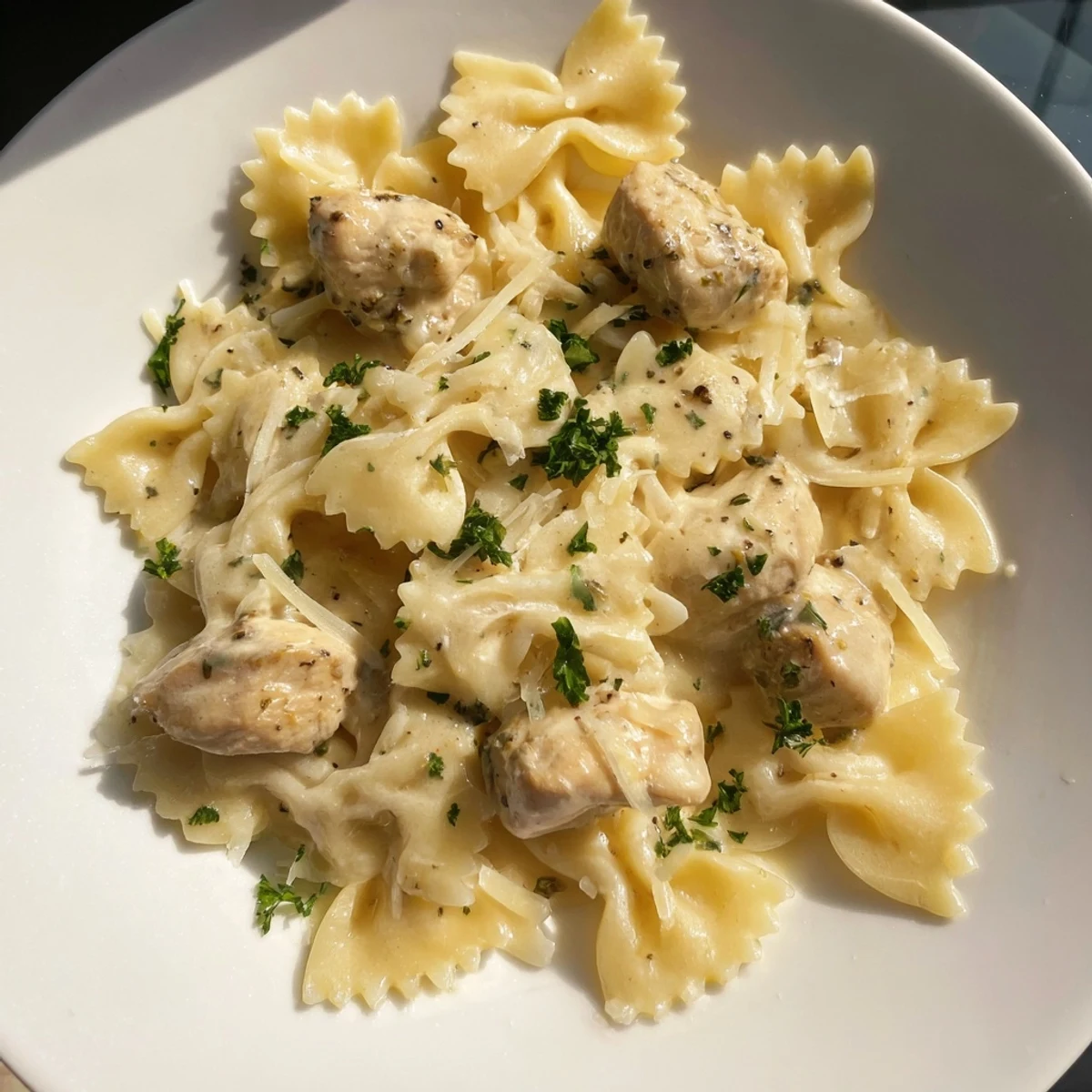 A close-up of the Mozzarella Garlic Butter Chicken Bowties recipe, showing creamy texture and fresh parsley garnish.