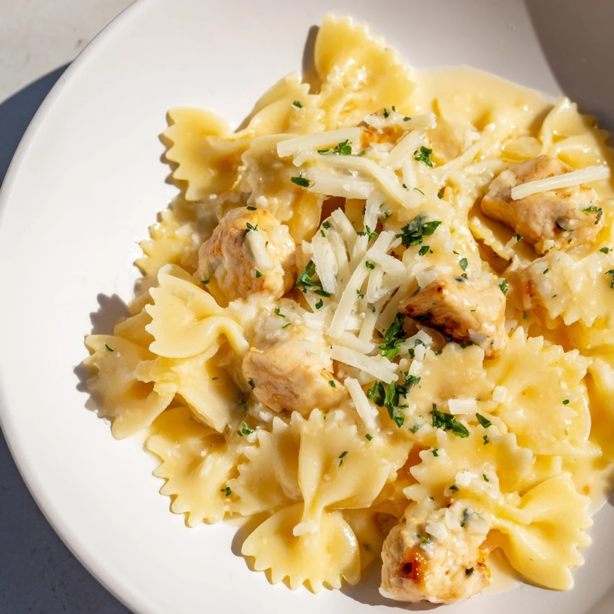 Serving suggestion for Mozzarella Garlic Butter Chicken Bowties: plated with extra Parmesan and a side salad.