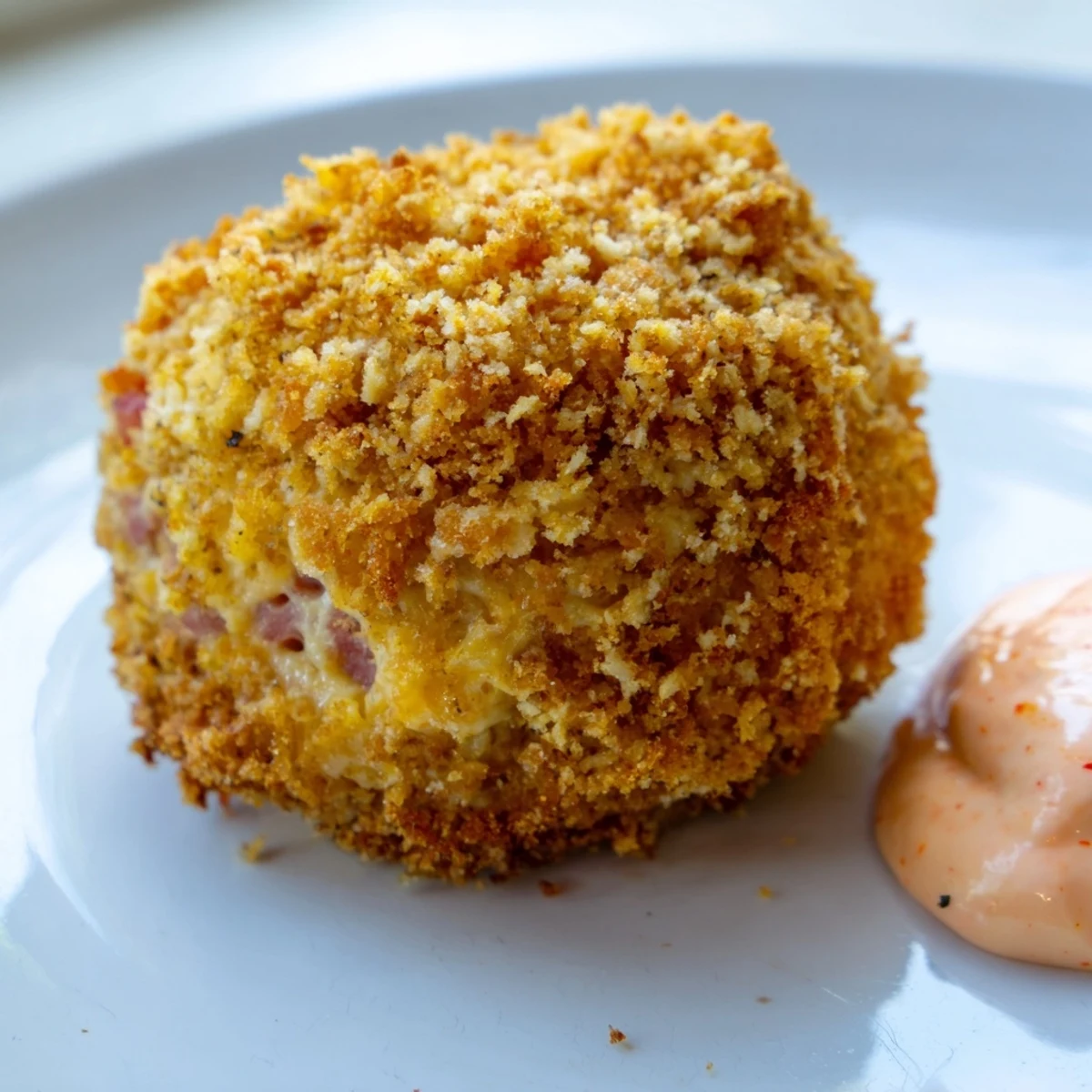 Golden, crispy Reuben balls with Spicy Thousand Island sauce rest on a white plate with parsley garnish.  