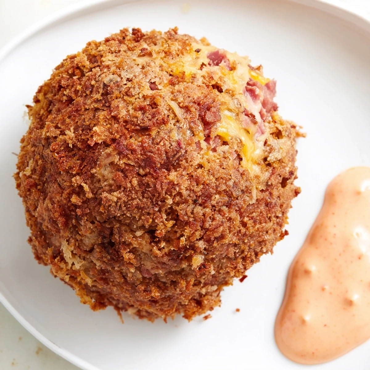 These Reuben balls with Spicy Thousand Island sauce are arranged on a platter, ready for a party appetizer spread.