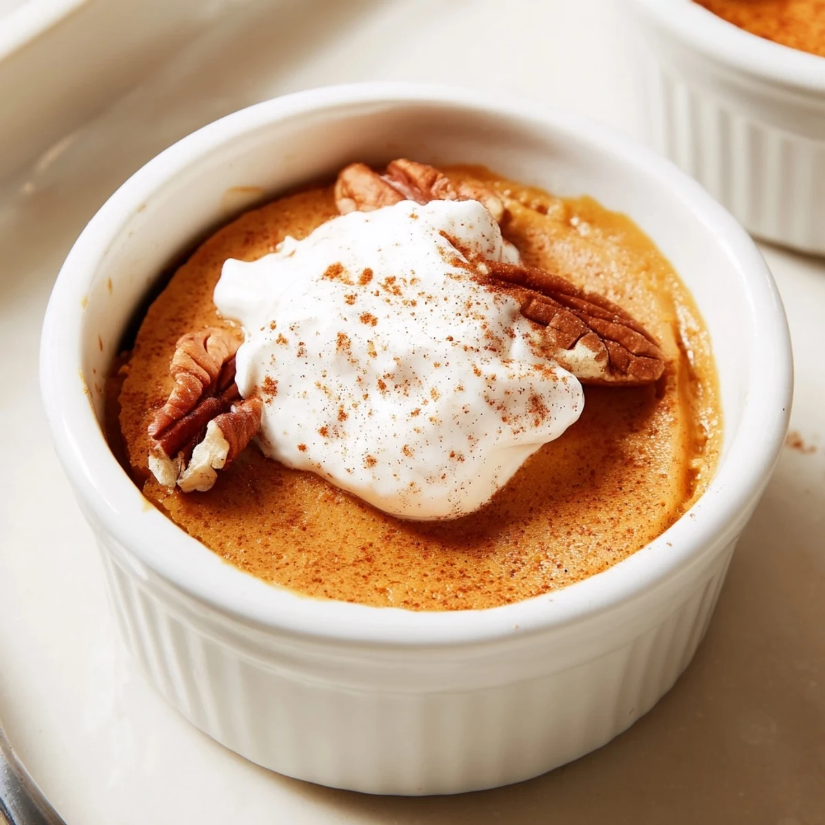 Close-up of silky Effortless Baked Pumpkin Pudding, garnished with toasted pecans and perfect for autumn gatherings.