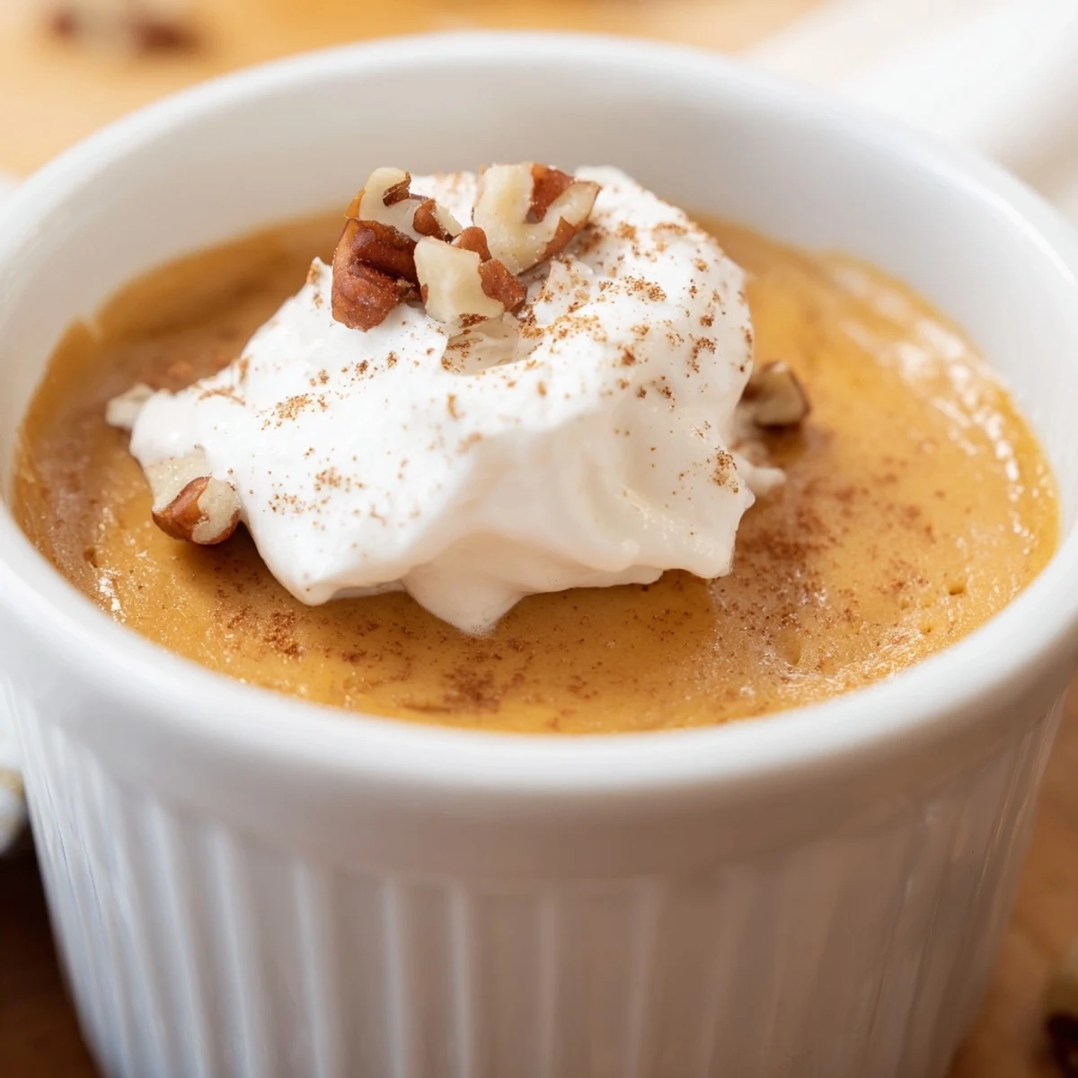 Warm baked pumpkin pudding with a creamy texture, served with a dollop of whipped cream and a sprinkle of cinnamon.