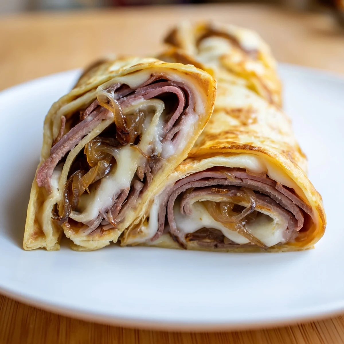 Golden-brown Easy French Dip Tortilla Roll Ups stuffed with tender roast beef and melted provolone on a rustic plate.  